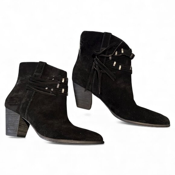 Frye Fringe Suede Booties – Women’s Size 9.5M – Black – Boho Style Boots Fringe - Picture 1 of 10